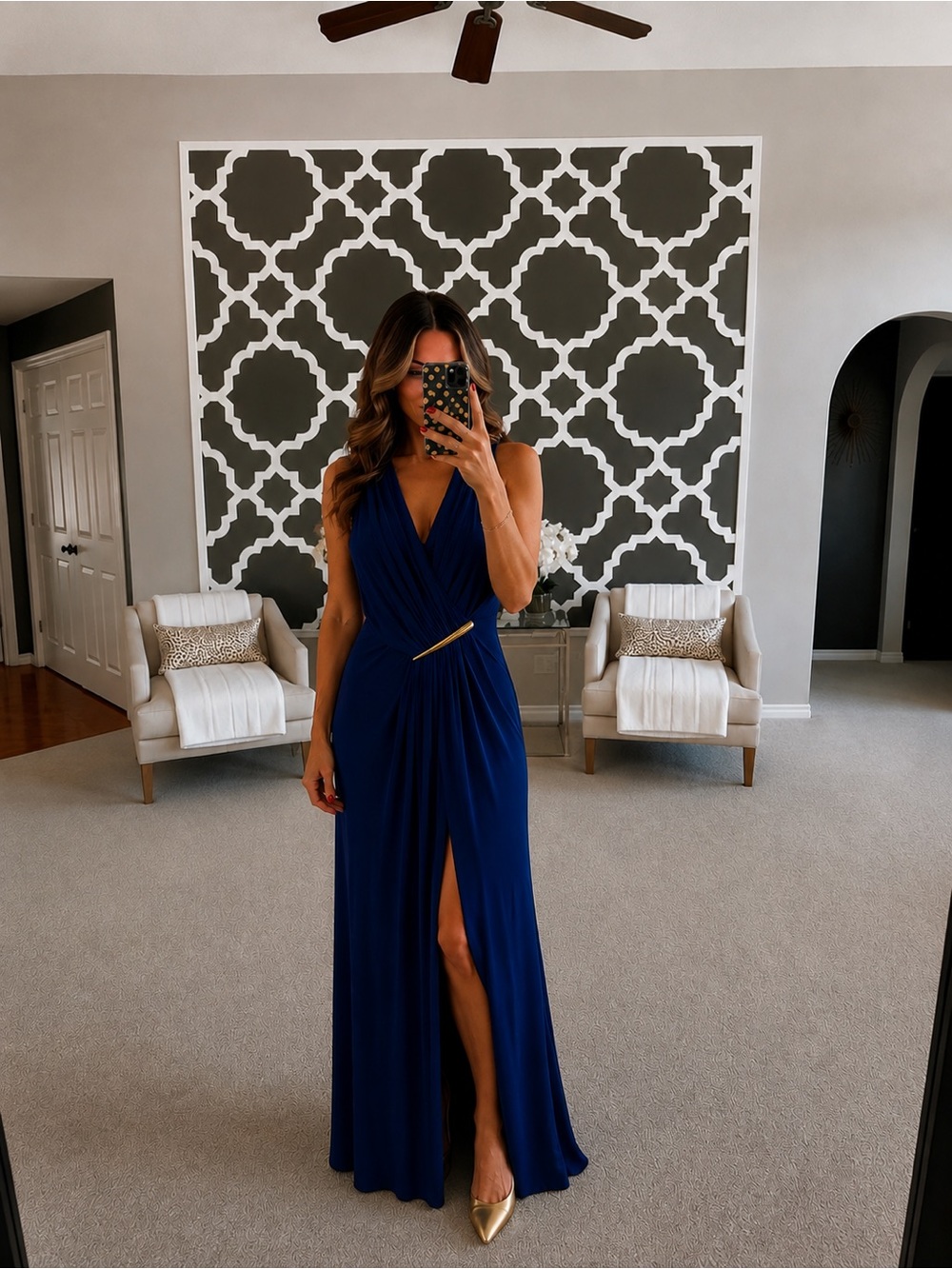 Donna Karan Royal Blue V-Neck Draped Evening Gown with Side Slit